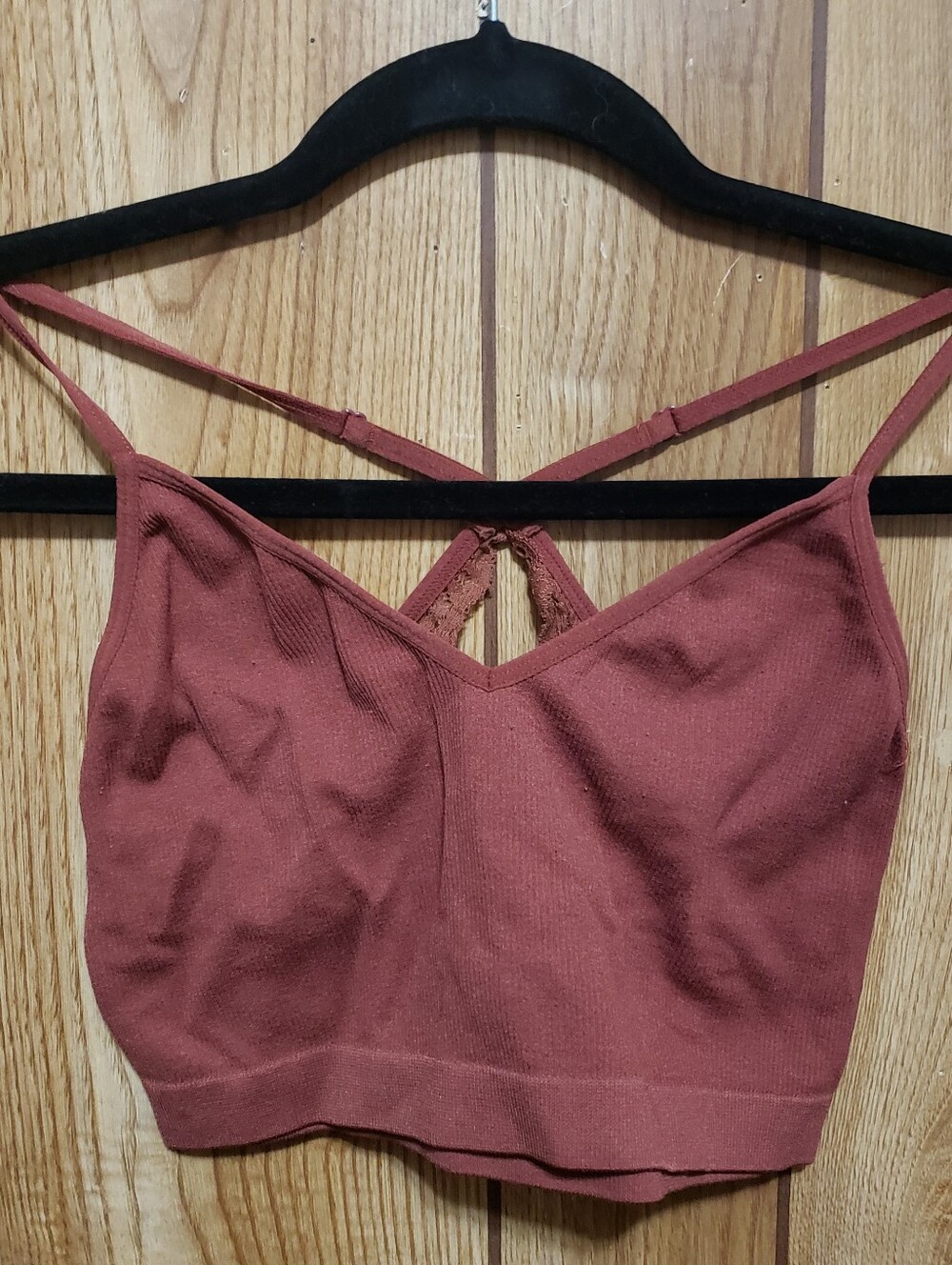 Brown Sports Bra V-Neck Racerback With Lace Accents Adj Straps Small